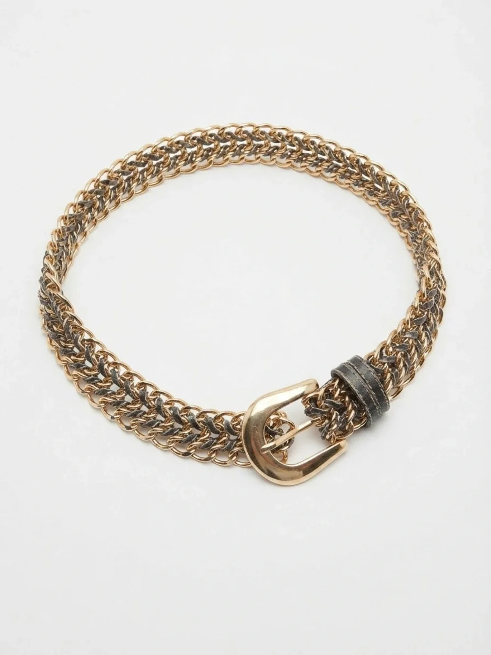 80s/90s Vintage Gold Chain Link Belt with Buckle Woven Details Boho Grunge